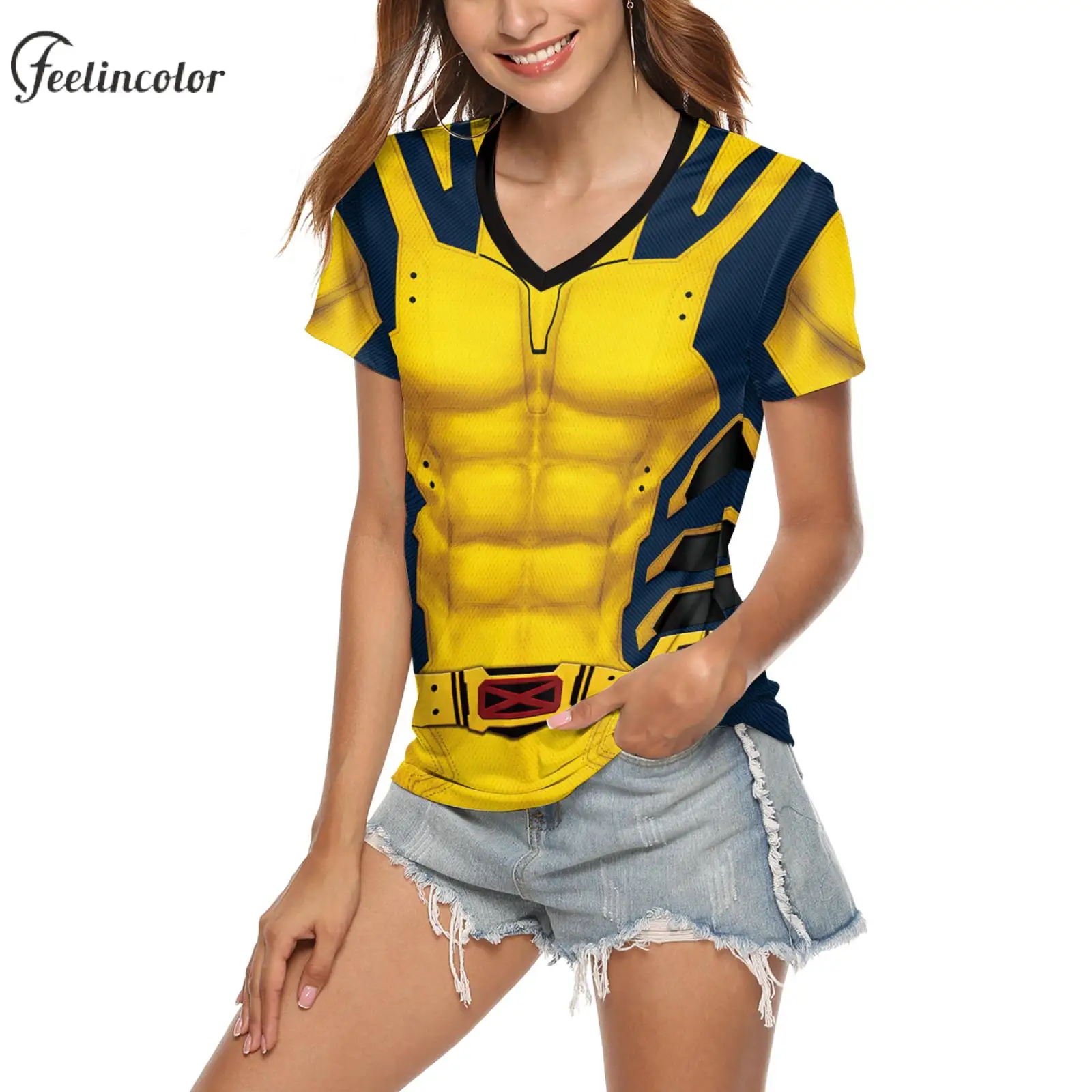 Cosplay T-shirt for Women Short Sleeved Shirts Carnival Party Tops Halloween Disguise Wear V-neck Clothing