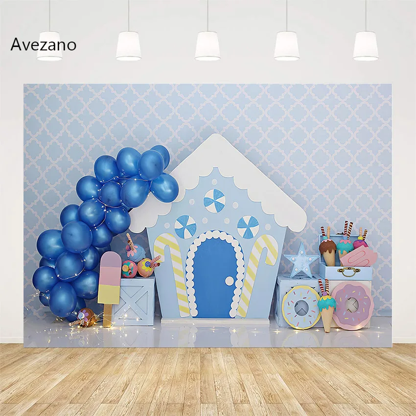 

Avezano Candy Bar Photography Background Blue Balloon Sweet Ice Cream Donuts Boy Birthday Party Cake Smash Backdrop Decor Photo