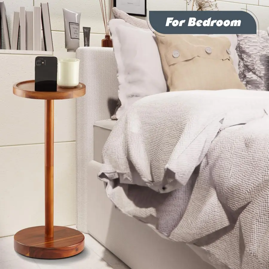 Drink Table, 24.4 Tall Compact Side Table with Phone Slot and Weighted Base, Durable Pedestal Table Accent for Living Room, Bedr