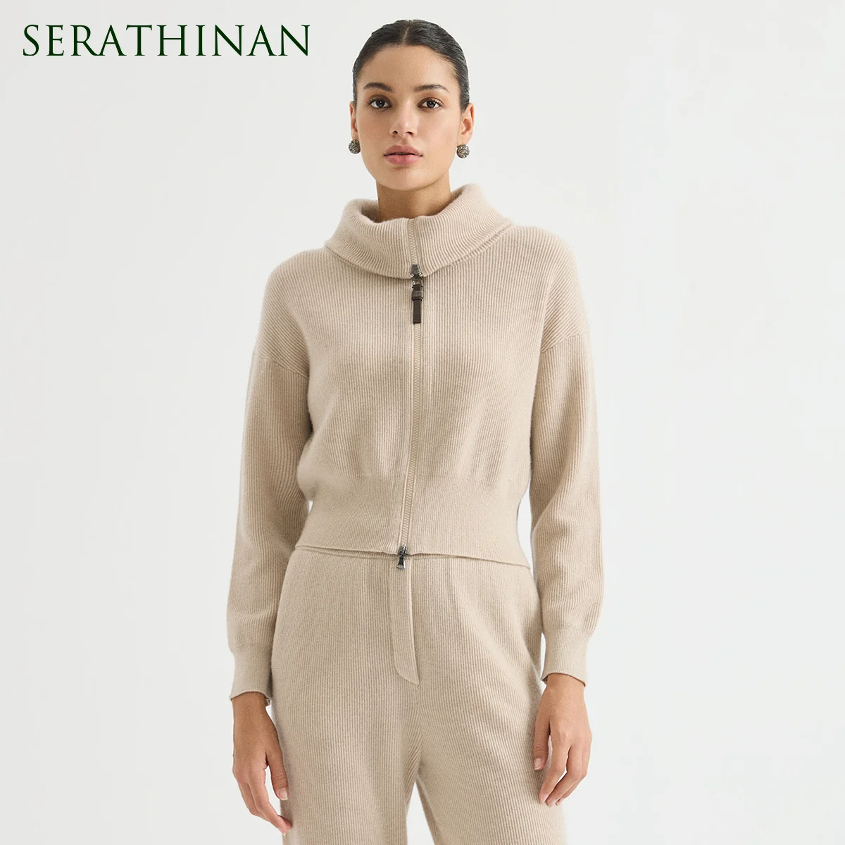 BY4621737 Women's Oversized Lapel Wool Cashmere Blend English Rib Zip-Up Cardigan Leather Pull Tab Understated Office Wear Fall