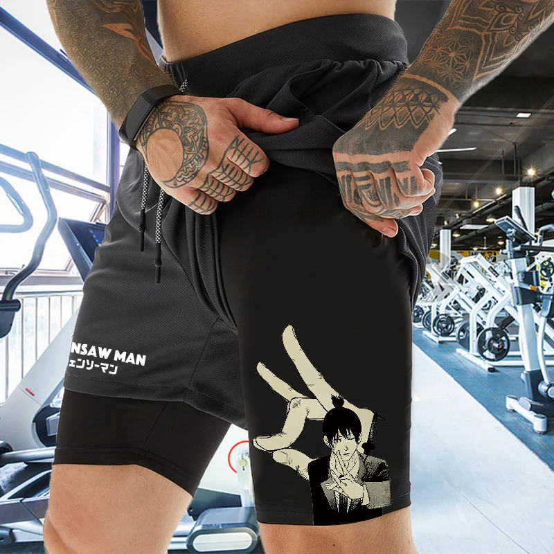 Fox Print 2 in 1 Compression Shorts for Men Athletic Gym Shorts with Pockets 5 Inch Quick Dry Stretchy Training Fitness Workout