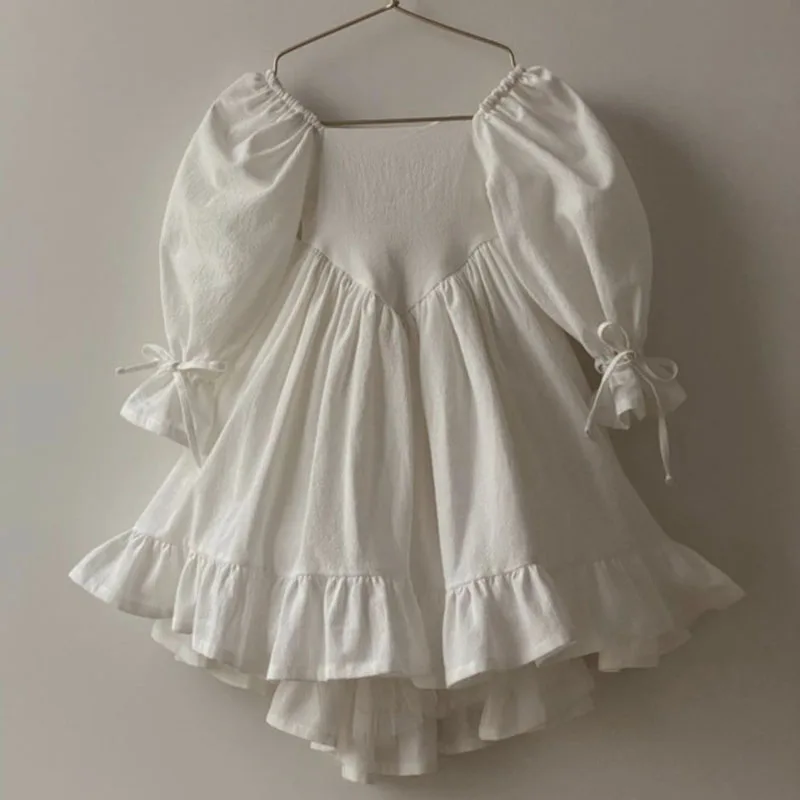 2025 New Spring European American Style 2-6Yrs Baby Girl Party Dress Long Sleeved Solid Color Linen Cotton Kids Princess Dresses