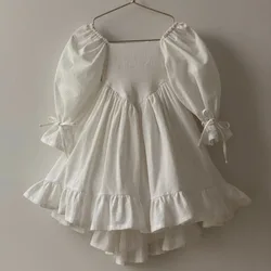 2025 New Spring European American Style 2-6Yrs Baby Girl Party Dress Long Sleeved Solid Color Linen Cotton Kids Princess Dresses