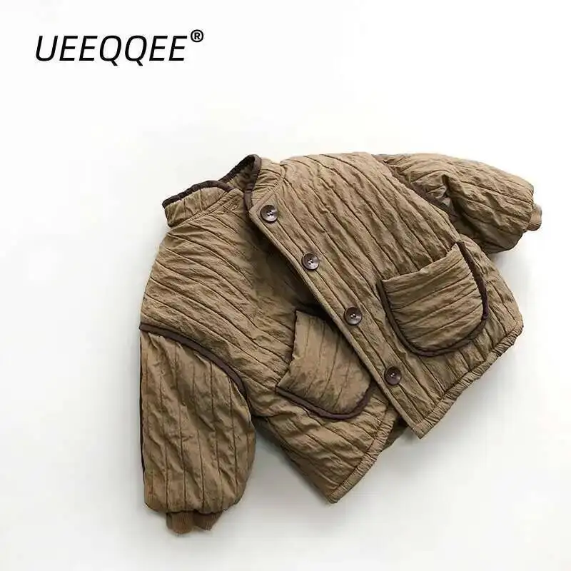 

Autumn Winter Children Jackets 1-8Y Boys Thick Warm Quilted Patchwork Button Pocket Coats Korean Toddler Outerwear Kids Clothing