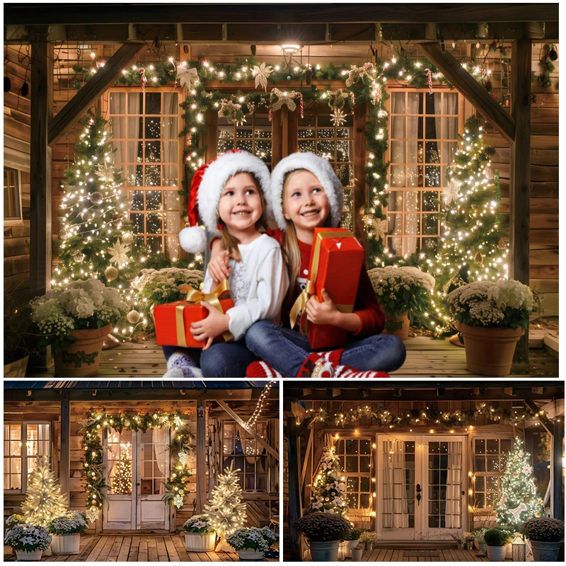 Christmas Backdrop Christmas Eve Wooden House Winter Xmas Tree Log Cabin Baby Family Holiday Party Photography Background Decor