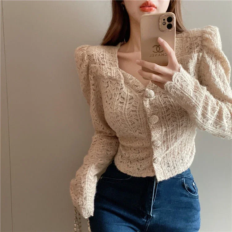 Кружевная рубашка с длинными рукавами для женщин. Дизайнерская одежда Blusas для женщин. Топы. Рубашки. Блузки.