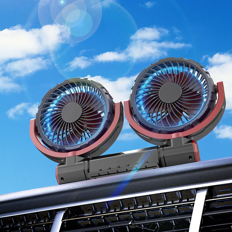 Dual-head car fan, foldable & multi-angle rotatable with USB power supply, creative interior auto accessory