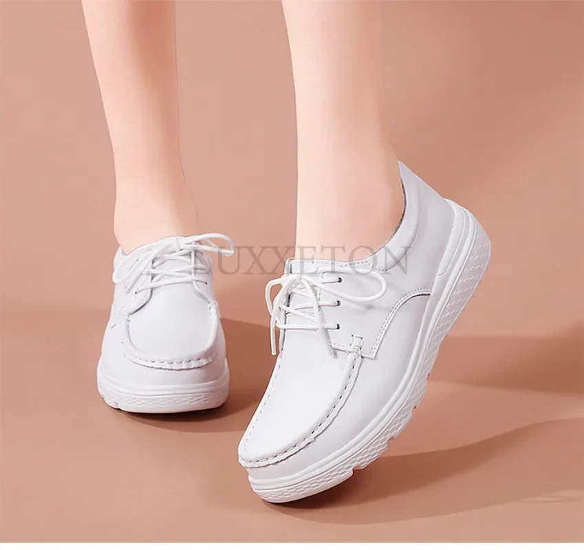 Genuine Leather Lace Up Nurse Shoes for Women Soft Soles in Autumn and Winter Plush Thick Soles Anti Slip Bottomed Work Shoes