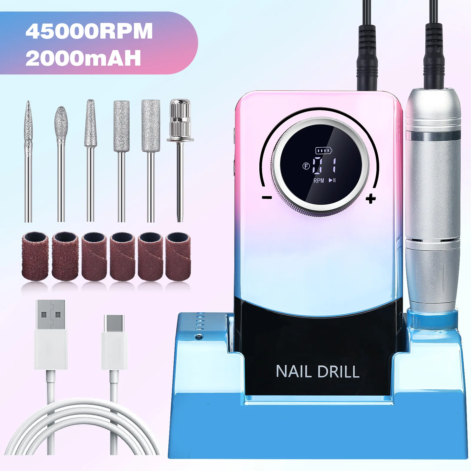 Set di smerigliatrici per manicure ricaricabili USB con trapano per unghie a batteria da 45000 giri/min con 6 punte da trapano, velocità regolabile, funzionamento a batteria a basso rumore