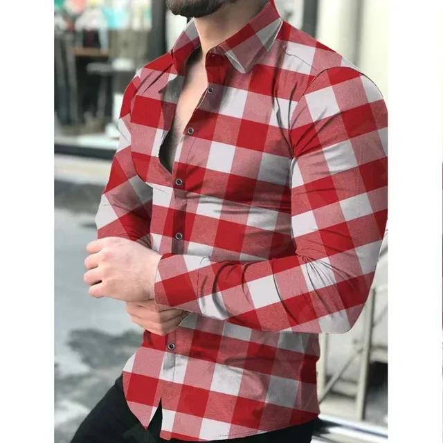 2024 New Best-selling Fashion Casual Minimalist Men\'s Shirt Plaid Stripe Spring/summer Men\'s Lapel Button Long Sleeved Shirt 6XL