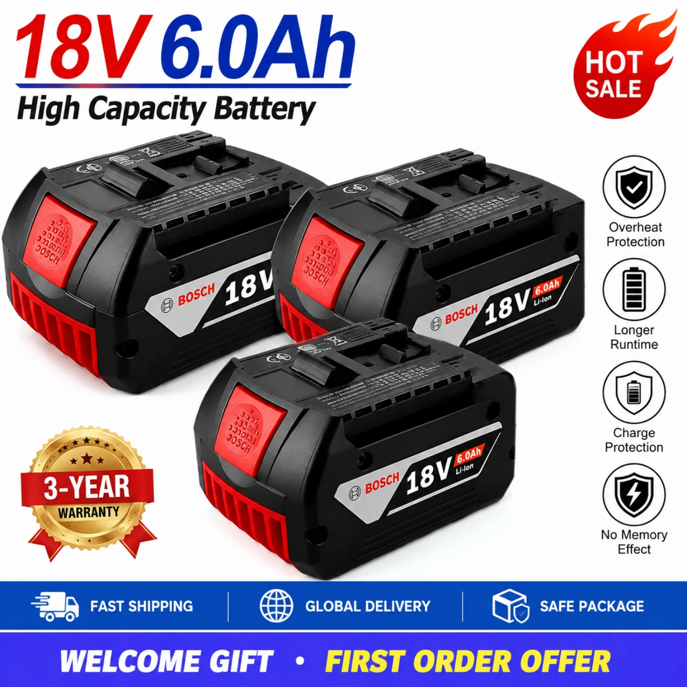 Wireless Power Tool Lithium Battery, Original 100% Bosch 18V Battery,  BAT609BAT610G BAT618BAT620BAT622GSR18V-LI, 18V, 6000mAh