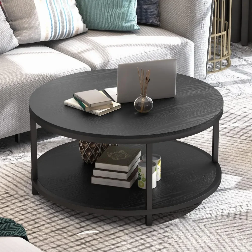 Rustic Industrial 35.8" Round Coffee Table with Storage Shelf and Sturdy Metal Legs, Easy Assembly