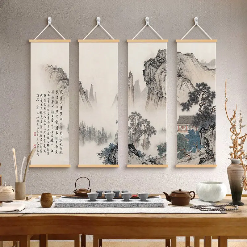 Wall Art Mountain Panorama Screen Design Chinoiserie Pearlescent Canvas Hanging Scroll with Wooden Rods for Living Room Study