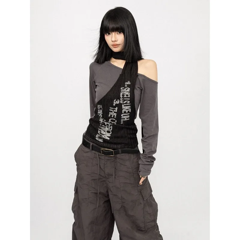 

Women's Pullover Fake Two-piece Long-sleeved Letter Printed Boat Neck T-shirt Slanted Shoulder Top