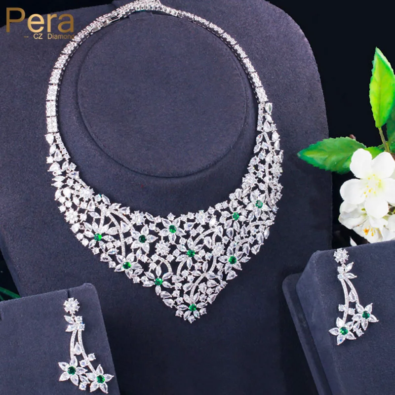 

Pera High Quality Green Cubic Zirconia Delicate Jewelry Flower Wide Necklace and Earrings Set for Brides Dress Accessories J371