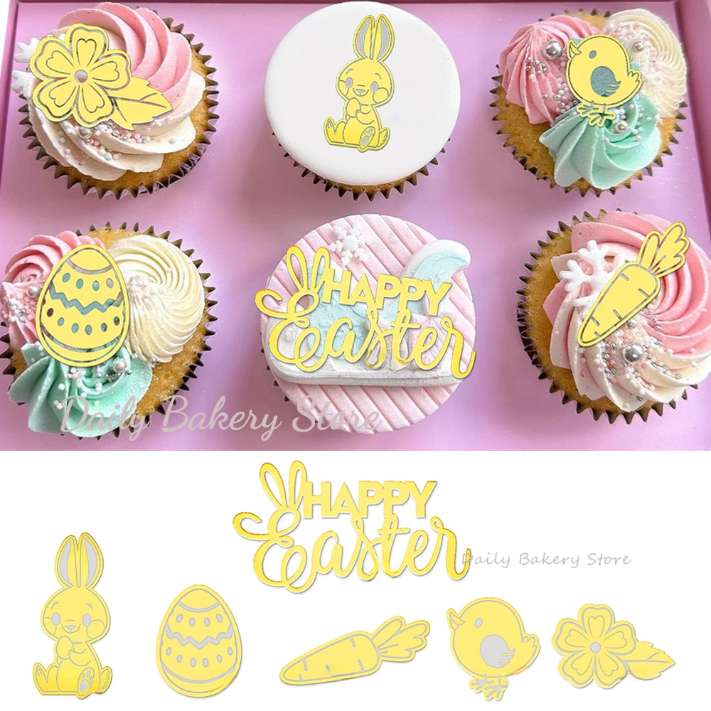 Adorno acrílico para tarta de Pascua, 6 uds., rosa, dorado, plateado, acrílico, DIY, decoraciones para tarta para niños, hombres y mujeres, suministros de regalo para Baby Shower