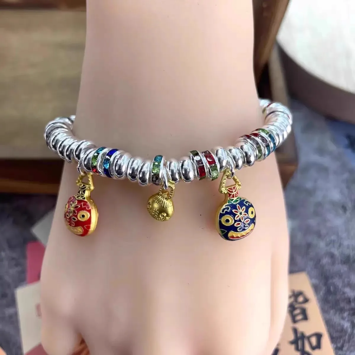 

925 silver diamonds colored enamel round three Cute divine beast bracelet paint in golden glossy bracelets banquet jewelry