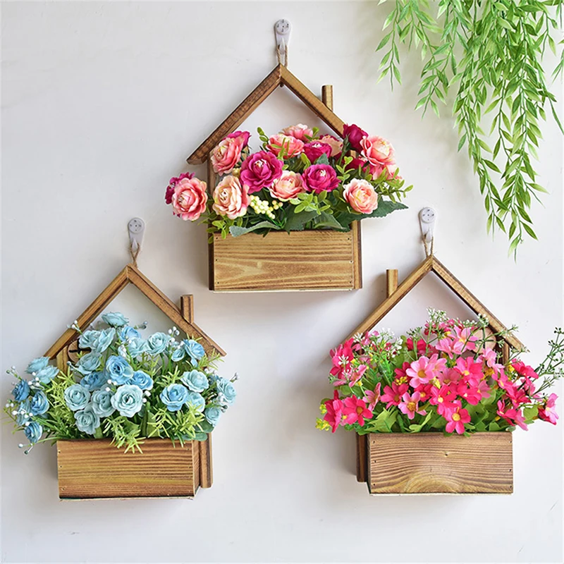 Nordic Wooden Hanging Basket Retro Room Shape Flower Pot Beach Villa Wall Balcony Holidays Rustic Garden Decorations