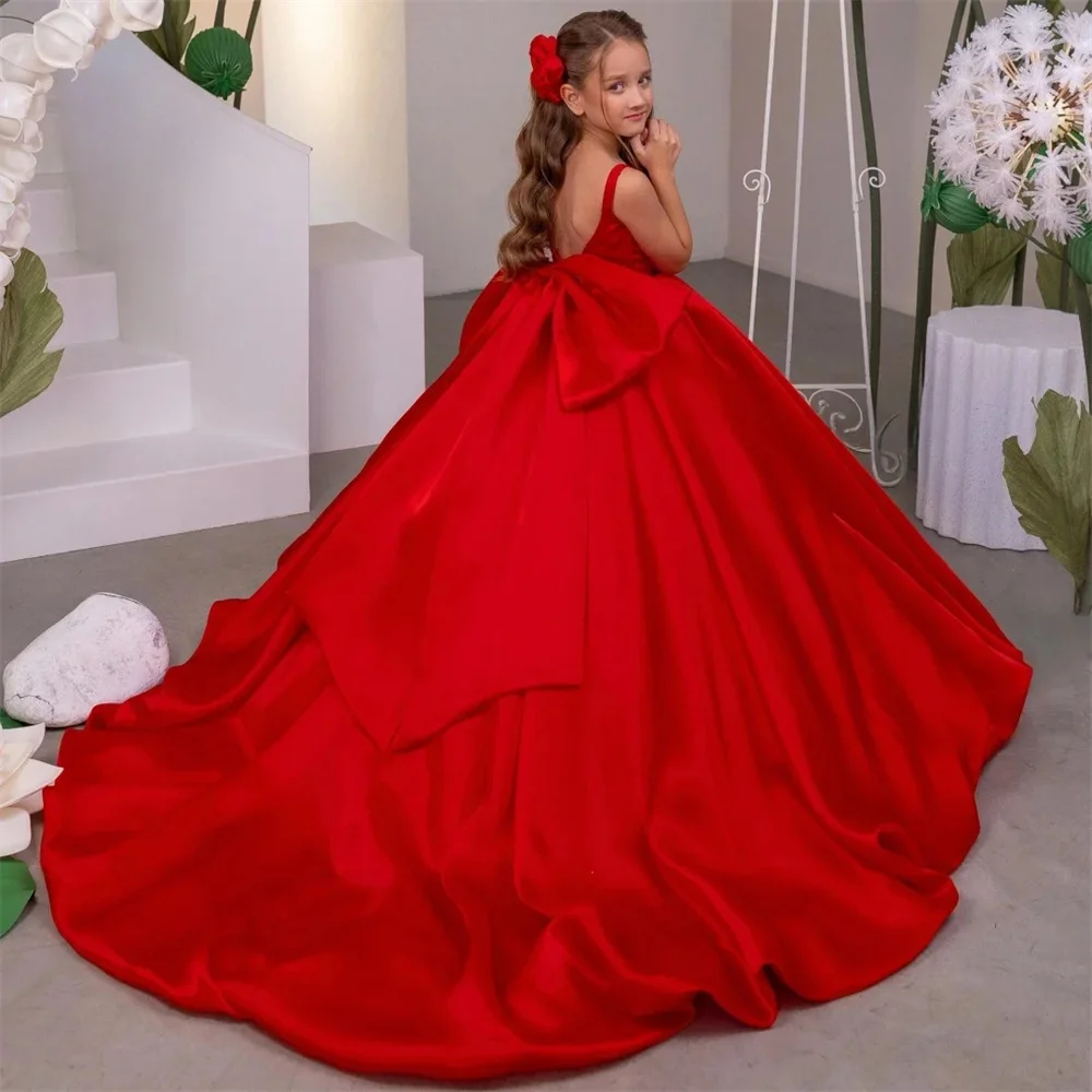

Classic Simple Long Ball Customized Flower Girl Dress Princess Bow Sweep Train Wedding First Communion Dress New 2026