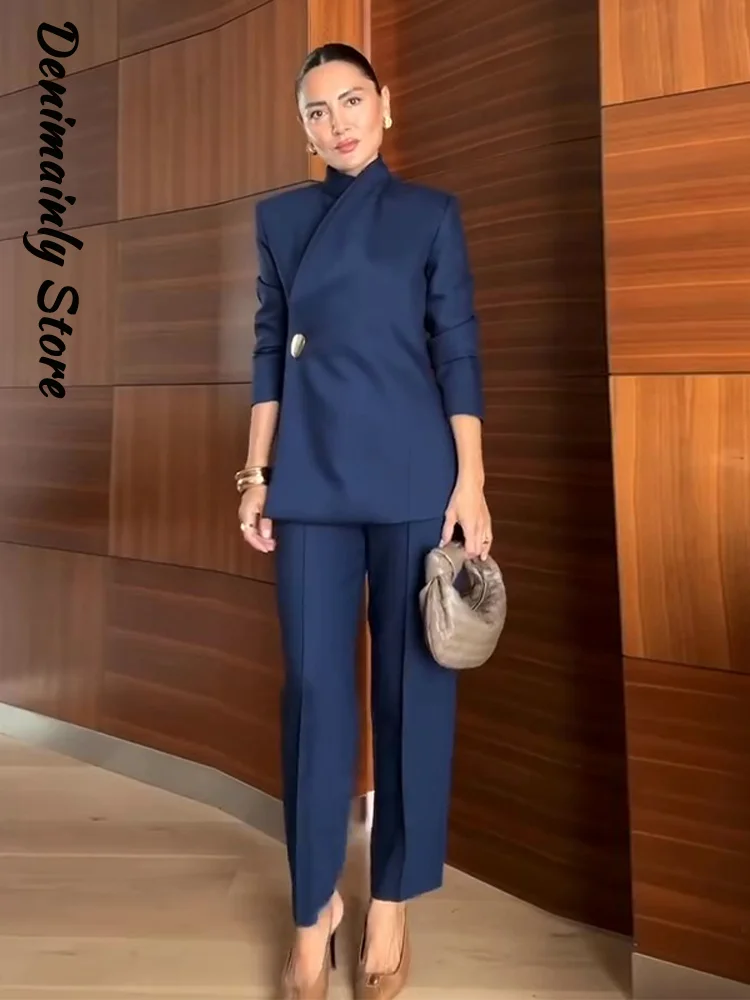 

Элегантный костюм, куртка, брюки, комплект, женский воротник-стойка, косой пиджак спереди, прямые брюки на одной пуговице, 2026, весенний наряд для поездок на работу