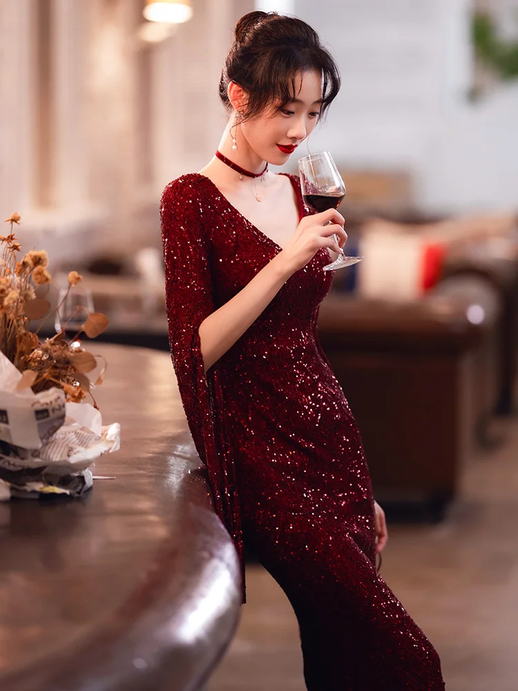 

Ele Sparkling Fi Tail Evening Gown for Wedding Par Conference New Year's Celebration Faionable Long Sve Dr