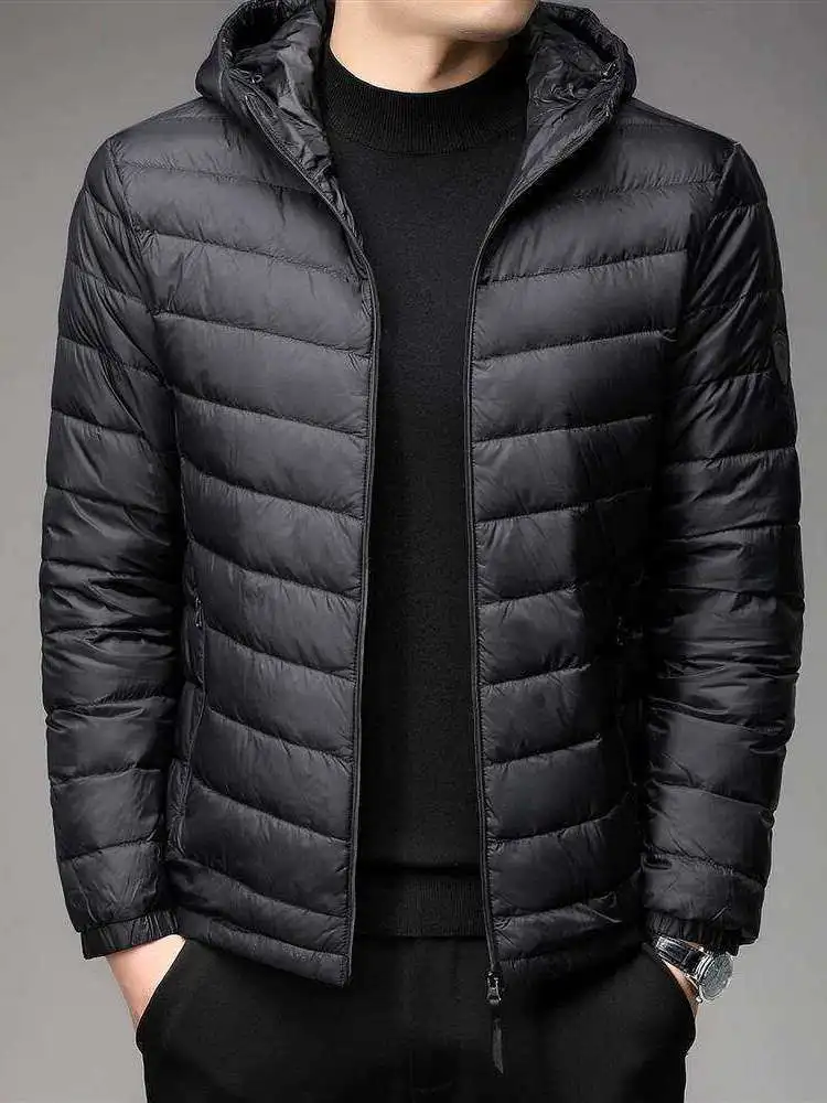 

Lightweight Short down Cotton Jacket for Men White Fleece Hooded Stand Collar Coat Warmth Youth Style Standard Fit Outdoor Wear