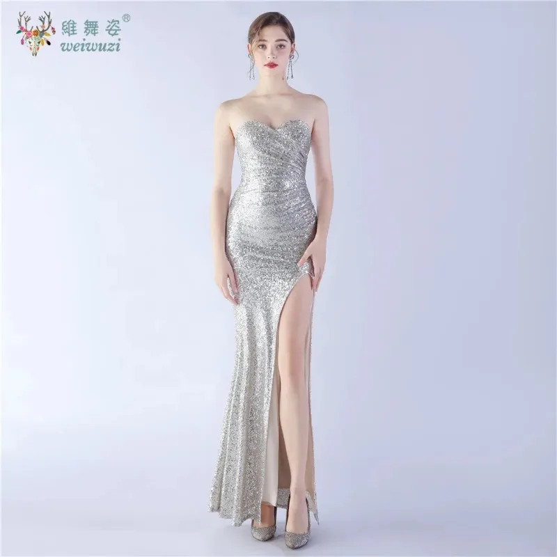 

Sexy Elegant Long Strapless Evening Gown Women Wedding Evening Dress Open Back Birthday Party Dresses Maxi Sequin Summer Dress