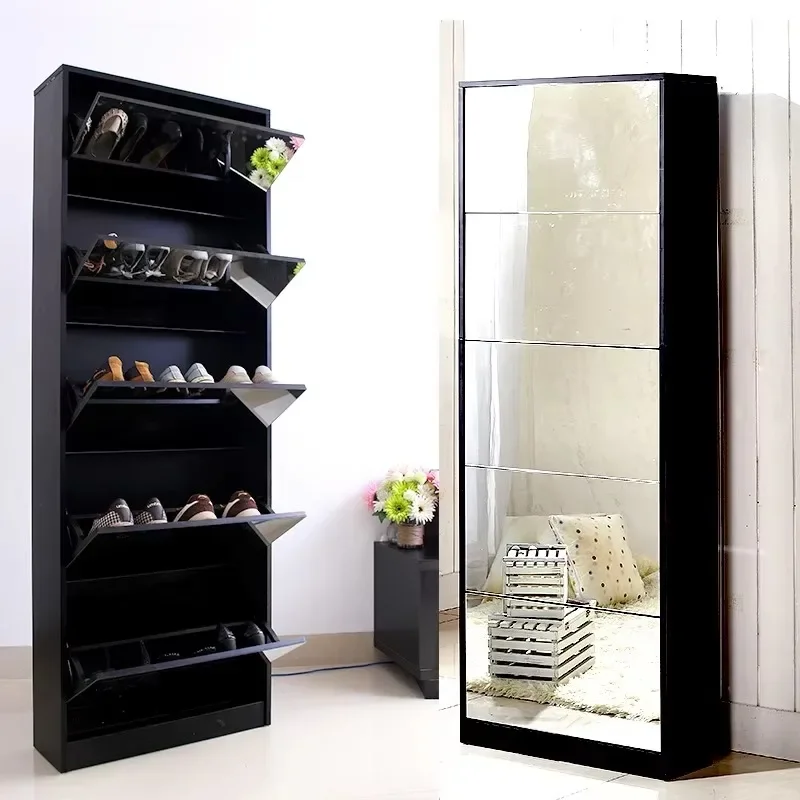 Shoe Cabinet Flip-down Mirrored Shoes Storage Rack,Wood Cabinet with Mirror