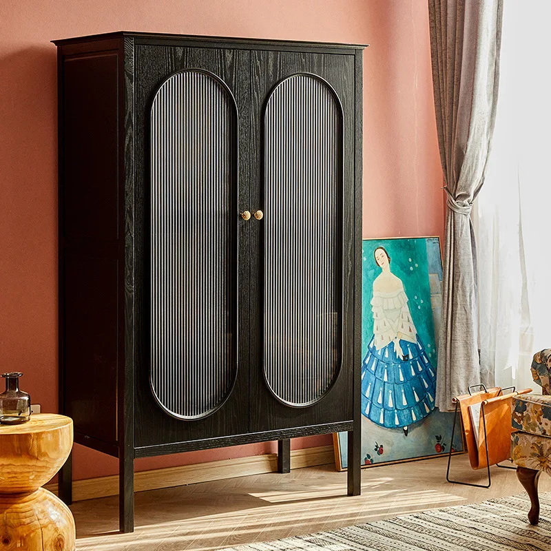 

French retro solid wood wardrobe black simple bedroom wardrobe double door American storage cabinet locker