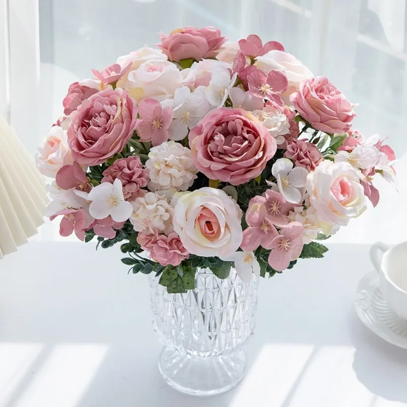 10 Stück Künstliche Blumen aus Seide, Pfingstrosen, Rosen, Hortensien, für Hochzeit, Garten, Hof, Bogen, Heimdekoration, Vase, Festkranz, Blumenarrangement – Detail 4