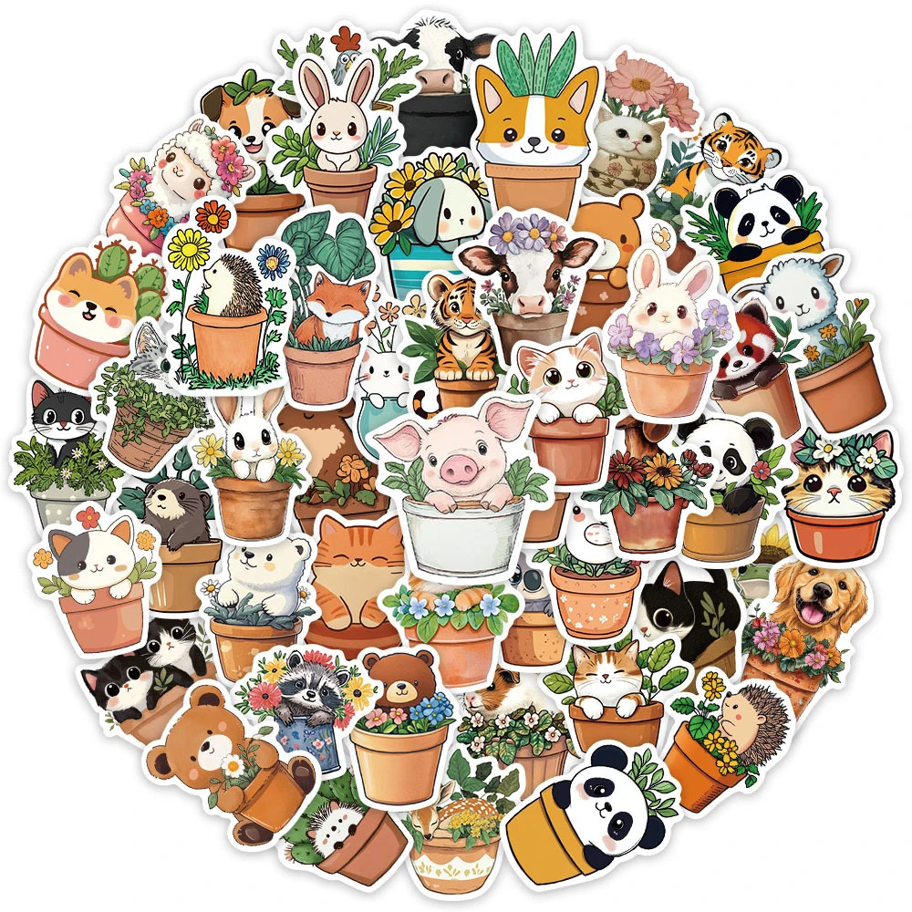 

10/30/50pcs Cute Flower Pot Animals Graffiti Stickers Cartoon Panda Cat Dog Sticker Luggage Water Bottle Phone Decals Decoration