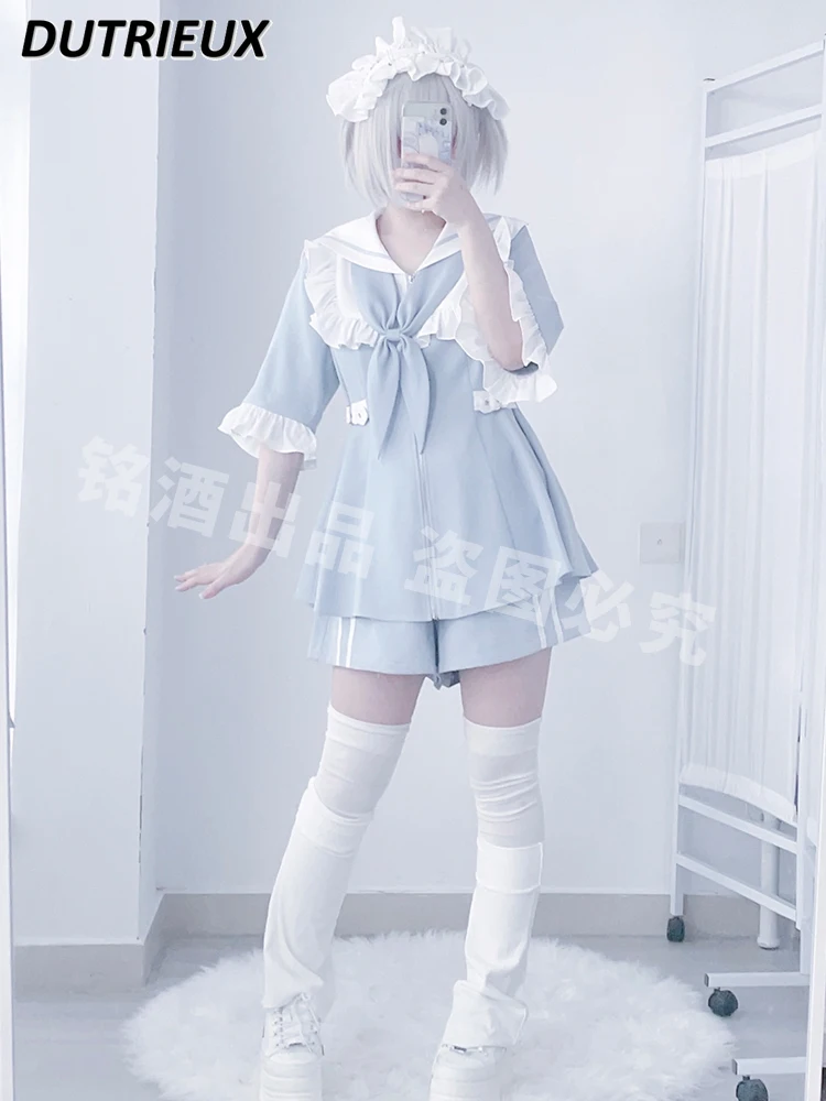 

Japanese Style Mine Spring Ladies Lace Stitching Sleeves Coat Sweet Water Color Sailor Collar Dress and Base Shorts Suit