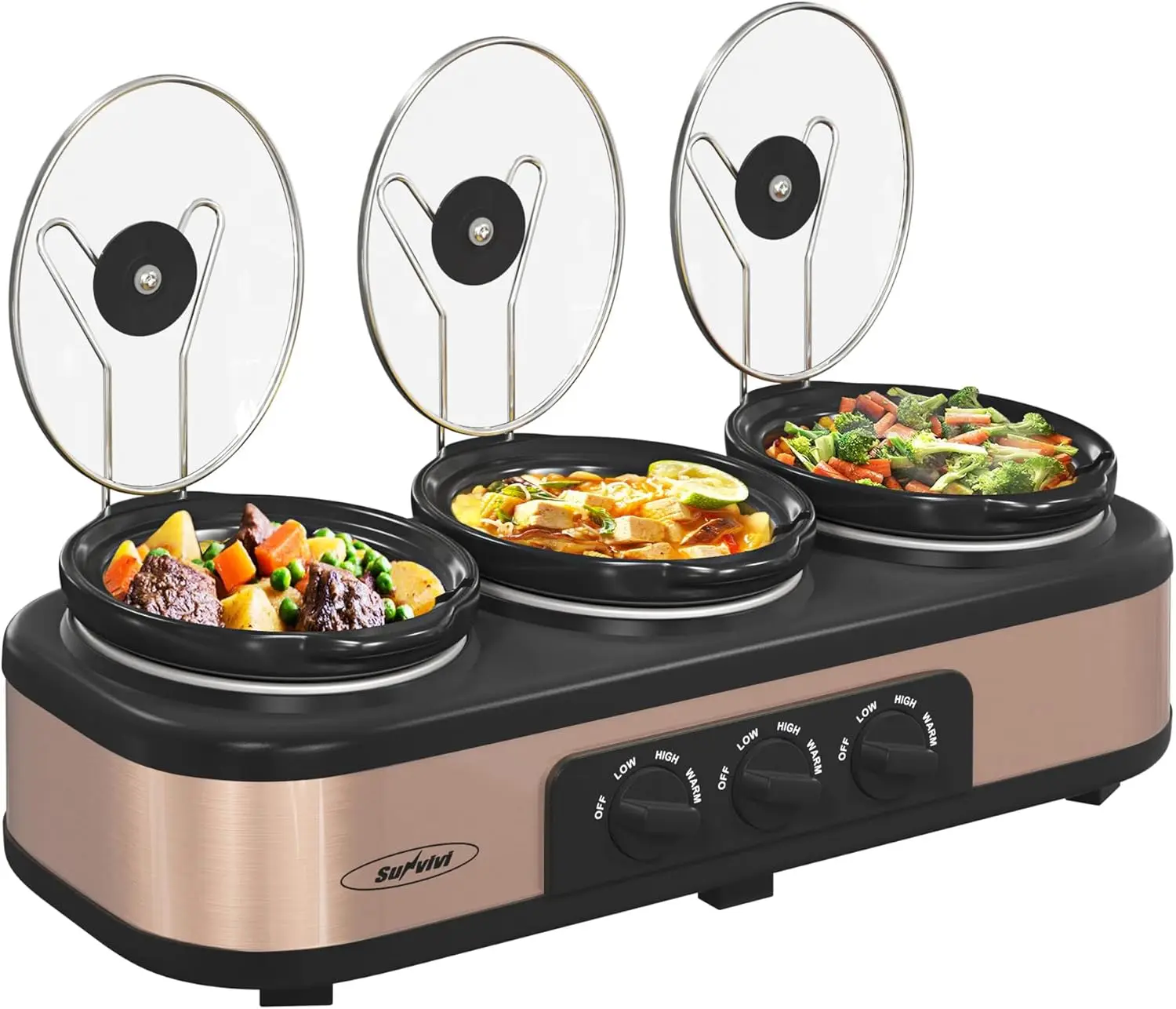 Triple Slow Cookers, 3x1.5 Qt Food Warmer Adjustable-Temp Server,Buffet Server for Parties,Mini Crock Dips Pot with Ceramic Pot