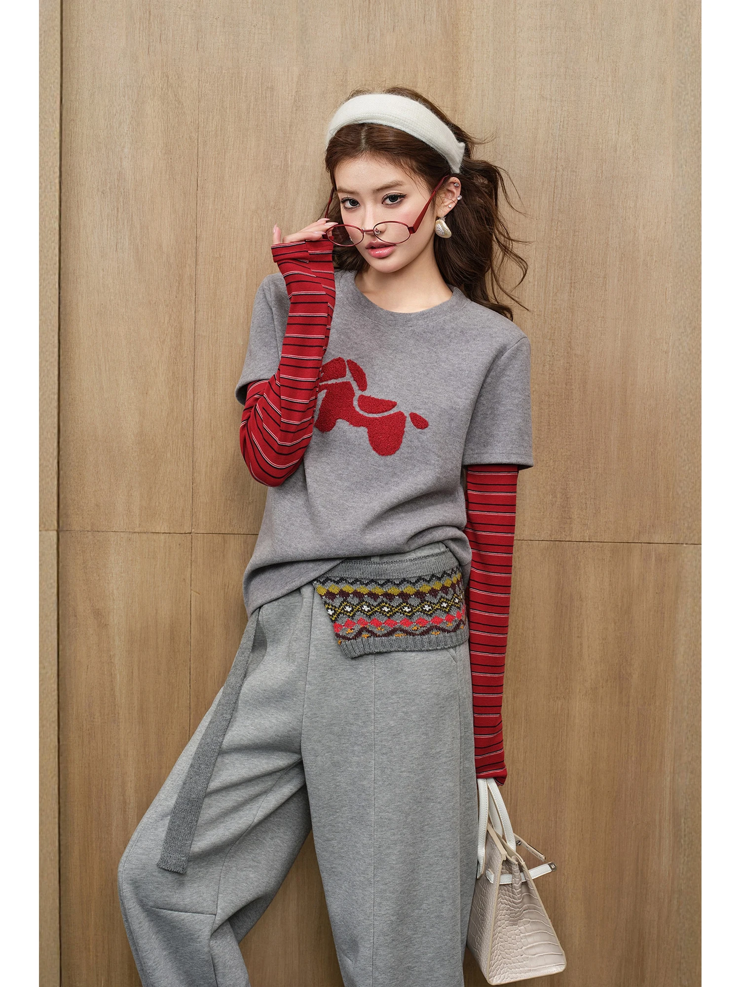 

MIUCO Korean Design Faux Two-Piece Velvet Plaid Long Sve Cotton T-irt Women's Casual Loose Top Breathable Skin-Friendly