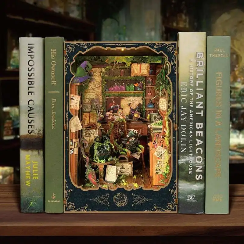 

Retro Alchemy Diary DIY Wooden Book Nook Figurines Miniatures Kits Bookshelf Home Bookend Decoration For Adult Handmade Gifts