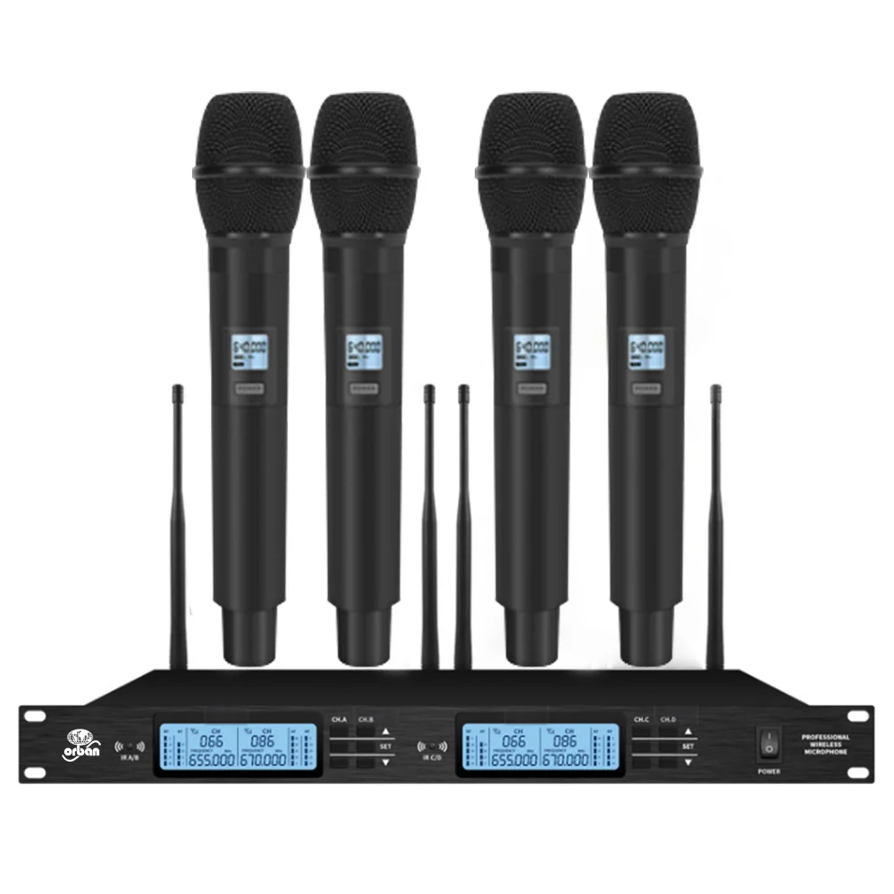 

Professional UHF wireless microphone system 4 channel handheld microphone is suitable for Karaoke party church stage performance