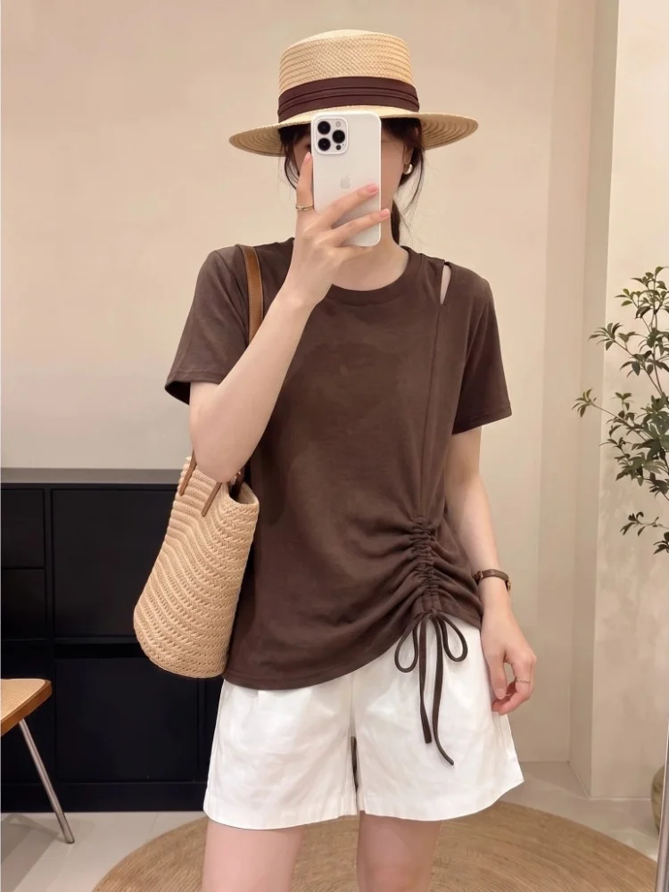 Spring Summer 2026 Women's Fashionable Versatile Hollow out round Neck Short Sleeve T-Shirt Loose Slimming Top Commute Style