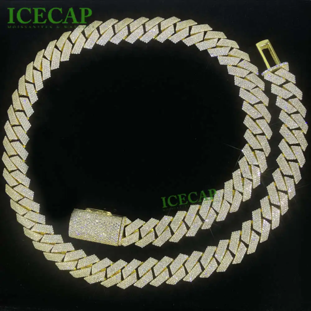 Hiphop Jewelry 15mm 4 Rows Moissanite Cuban Link Chain Ice 18k Gold Plated Solid Silver Diamond Miami Cuban Link Chain Necklace