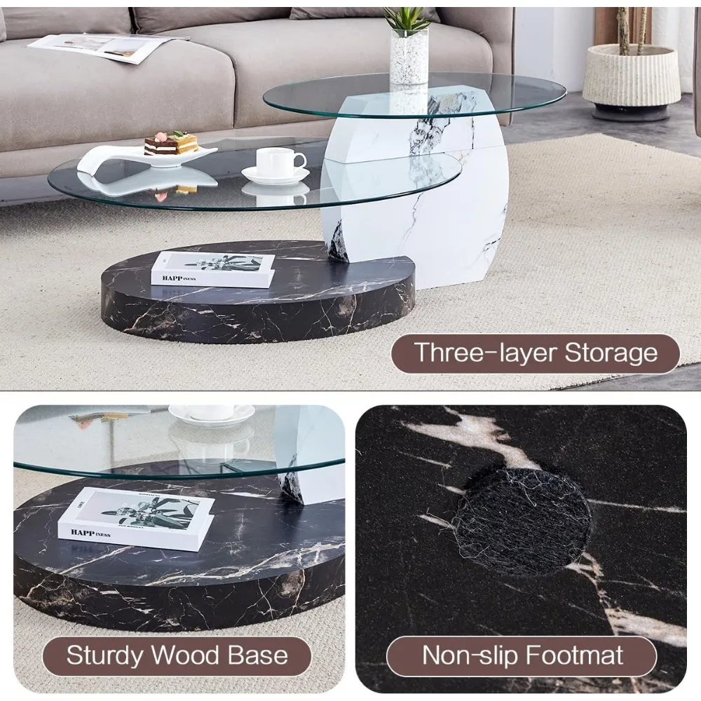 47" Glass Coffee Table, Oval Coffee Table, 3-Tier Design with Oval Tempered Glass Tabletop and White Black Color Wooden Base, La
