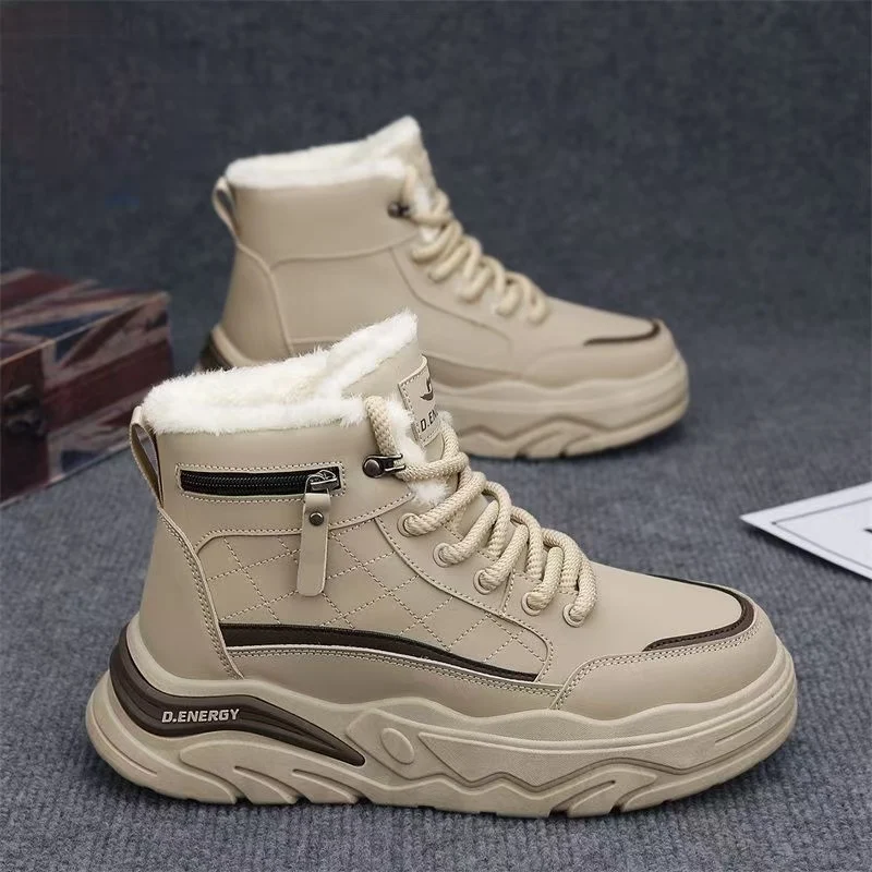 

Men Leather Thicken Plush Keep Warm High Top Snow Boots Winter New Thick Sole Non slip Waterproof Lace Up Ankle Cotton Boots