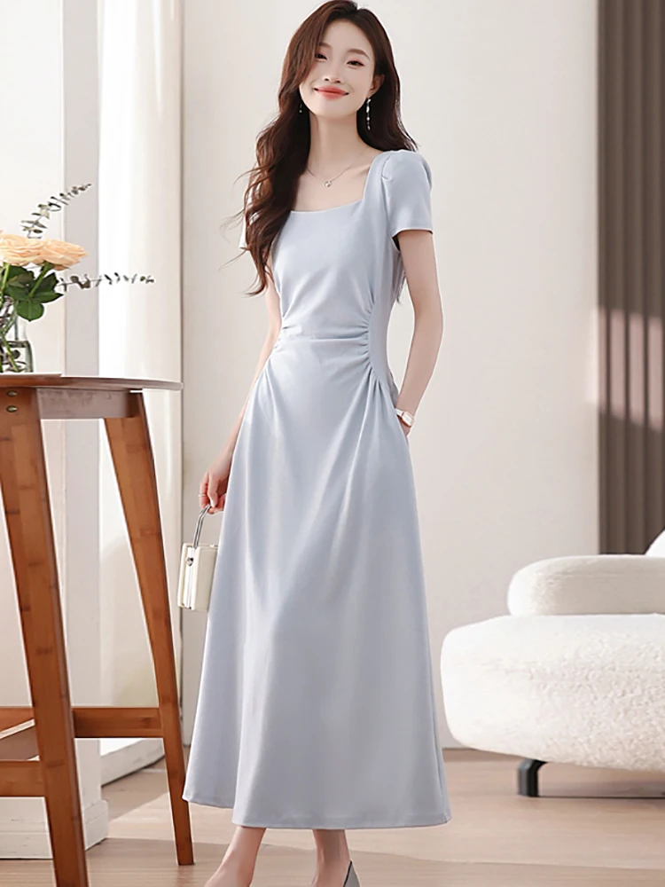 

Летнее синее плиссированное облегающее платье с коротким рукавом и квадратным воротником, женское элегантное повседневное цельное платье 2025 года, шикарное вечернее платье Korena