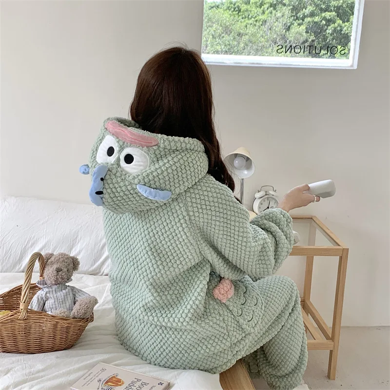 

2Pcs Girls Nightgown Kawaii Hangyodon Women Plush Warm Pajamas Set Cartoon Sanrio Anime Kuromi Coral Fleece Thicken Homewear