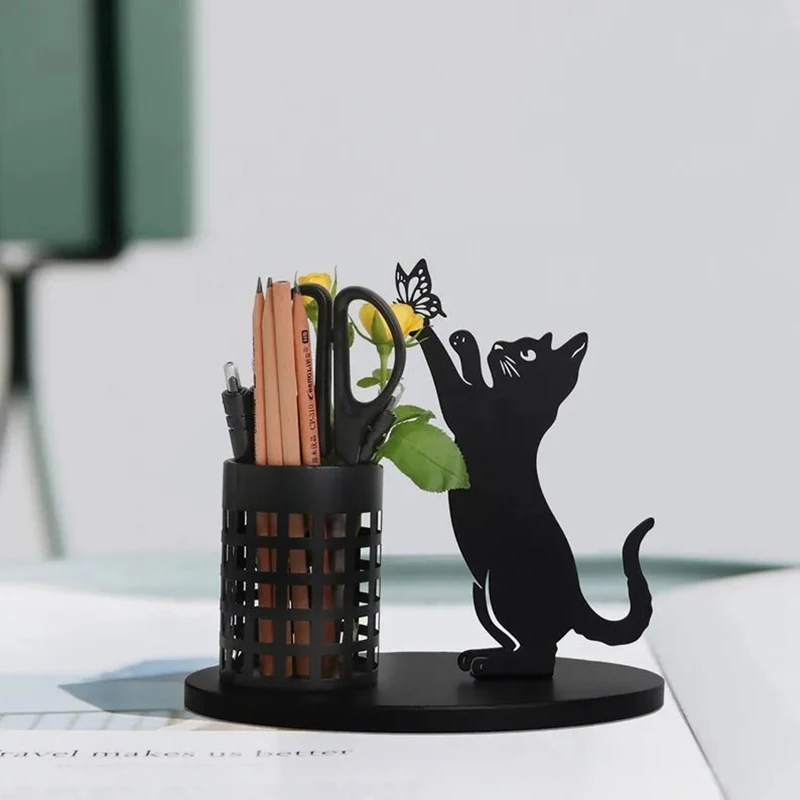 Portalápices de gato único para escritorio, organizador de bolígrafos para dormitorio, oficina, corte de Metal, decoración del hogar para centro de mesa, 1 unidad