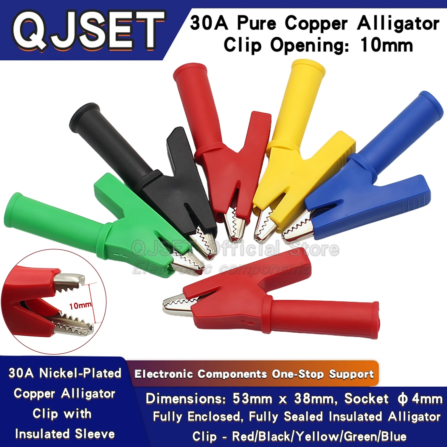 5pcs 30A Pure Copper Insulated Test Alligator Clip 10MM Opening With 4MM Jack Safety Crocodile Clamps For Banana Plug Or Welding