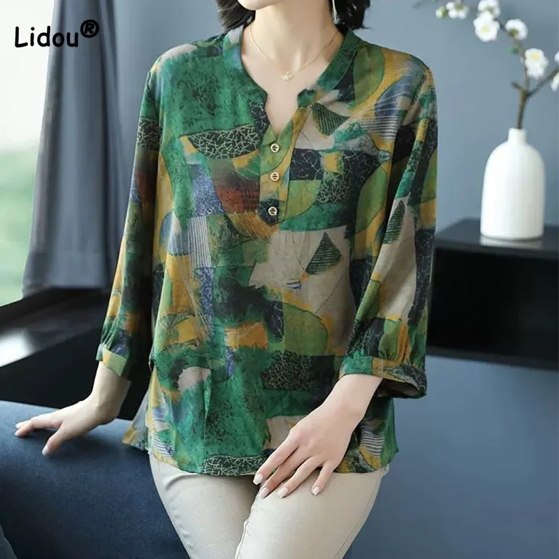 Casual Vintage Female Printed 3/4 Sleeve Tops 2023 Summer Loose All-match Round Neck Spliced T-shirt Fashion Women\'s Clothing