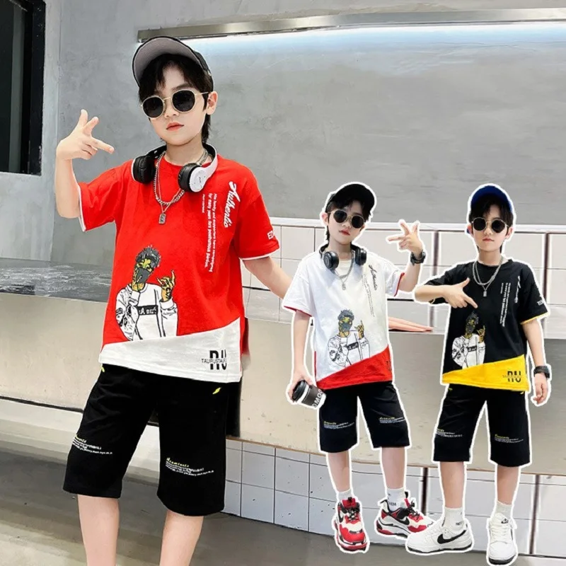 

Summer Boys Cotton Contrast Graffiti Cartoon t-Shirt Tops+Shorts Pant School Kids Tracksuit Child 2PCS Outfit Workout Set 5-14Yr