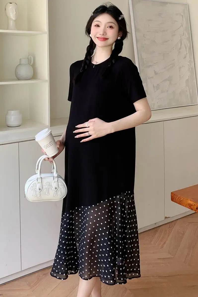 

Summer Fashion Maternity Dresses Short Sleeve O-neck Polka Dot Chiffon Patchwork Pregnant Woman Knitting Fishtail Dress Trumpet
