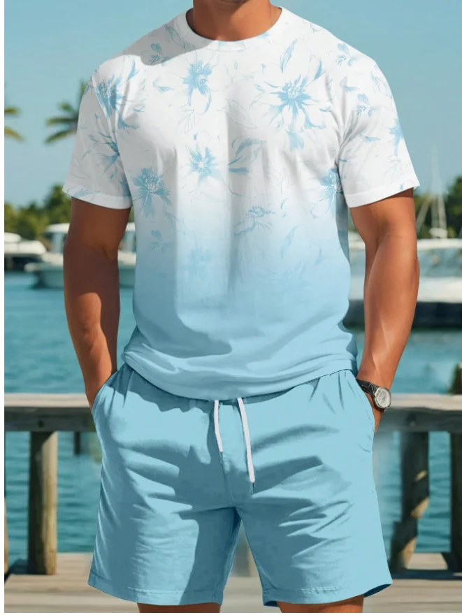 Summer Men Tropical Floral Print Round Neck Short Sleeve Casual T-Shirt And Shorts Set Beach Outfit Men Beach Tops Shorts Suit