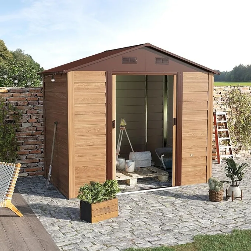 

8x6' Outdoor Storage Shed, Wood Grain Galvanized Metal Shed with Double Sliding Doors, Foundation, Tool Storage Sheds for Garden