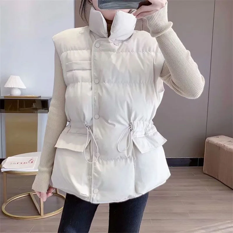 

Korean Lady Leisure Puffer Waistcoat Top Winter Femme Fashion Down Cotton Sleeveless 2025 Women Stand Collar Parkas Vest Jacket
